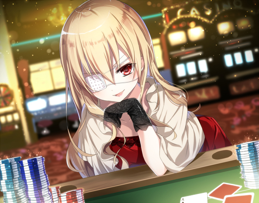 1girl ace bangs black_gloves blonde_hair blurry blurry_background card casino chandelier chin_rest collarbone commentary_request dress emia_(castilla) english eyepatch gloves hair_between_eyes higyaku_no_noel indoors leaning_forward light light_particles long_hair looking_at_viewer medical_eyepatch noel_cerquetti open_mouth playing_card poker_chip print_gloves red_dress red_eyes shiny shiny_hair slot_machine smirk solo sparkle stack stool