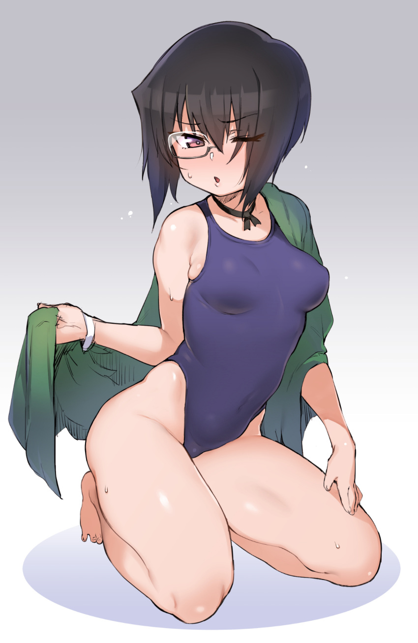 1girl atte7kusa bare_legs barefoot black_hair blue_swimsuit breasts bright_pupils choker competition_swimsuit covered_navel eyebrows_visible_through_hair eyes_visible_through_hair girls_und_panzer gradient gradient_background grey_background hair_between_eyes hair_over_one_eye highleg highleg_swimsuit highres kawashima_momo kneeling looking_at_viewer medium_breasts monocle off_shoulder one-piece_swimsuit one_eye_closed ribbon_choker short_hair solo sweat swimsuit towel violet_eyes white_pupils wristband