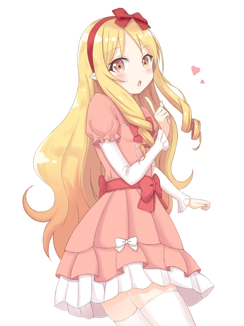 1girl blonde_hair blush bow brown_eyes commentary_request dress dress_bow drill_hair eromanga_sensei hair_bow heart highres index_finger_raised legwear long_hair looking_at_viewer mentai_mayo open_mouth pink_dress red_bow simple_background solo thigh-highs twin_drills white_background white_bow white_legwear yamada_elf zettai_ryouiki