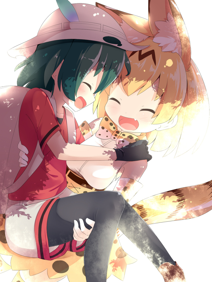 2girls :d ^_^ animal_ears backpack bag black_gloves black_legwear blonde_hair bow bowtie bucket_hat carrying closed_eyes commentary_request elbow_gloves facing_another fang gloves green_hair hand_on_another's_shoulder hat hat_feather high-waist_skirt highres kaban_(kemono_friends) kemono_friends makuran multiple_girls open_mouth pantyhose pantyhose_under_shorts princess_carry print_bowtie print_gloves print_skirt red_shirt serval_(kemono_friends) serval_ears serval_print serval_tail shirt short_hair shorts skirt sleeveless sleeveless_shirt smile tail white_shirt white_shorts