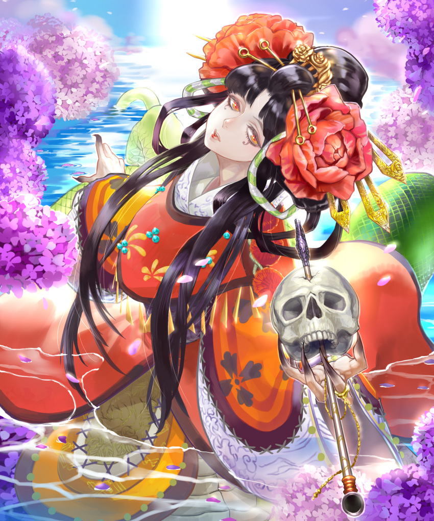 bangs black_hair flower hair_flower hair_ornament hair_rings hair_stick highres japanese_mythology kiyohime long_hair looking_at_viewer miruhito_(sakiomiruhito) monster_girl onmyouji parted_bangs pipe red_eyes skull water wide_sleeves