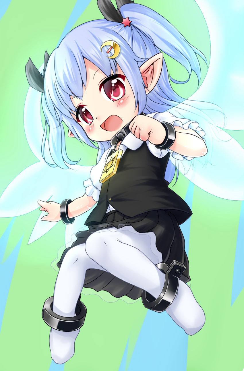 1girl black_skirt black_vest blue_hair blush clenched_hand fairy fairy_wings hair_ornament hairclip highres knees_together_feet_apart long_hair no_shoes open_mouth original pantyhose pointy_ears red_eyes reopon ribbon shirt skirt smile solo twintails two_side_up vest white_legwear white_shirt wings