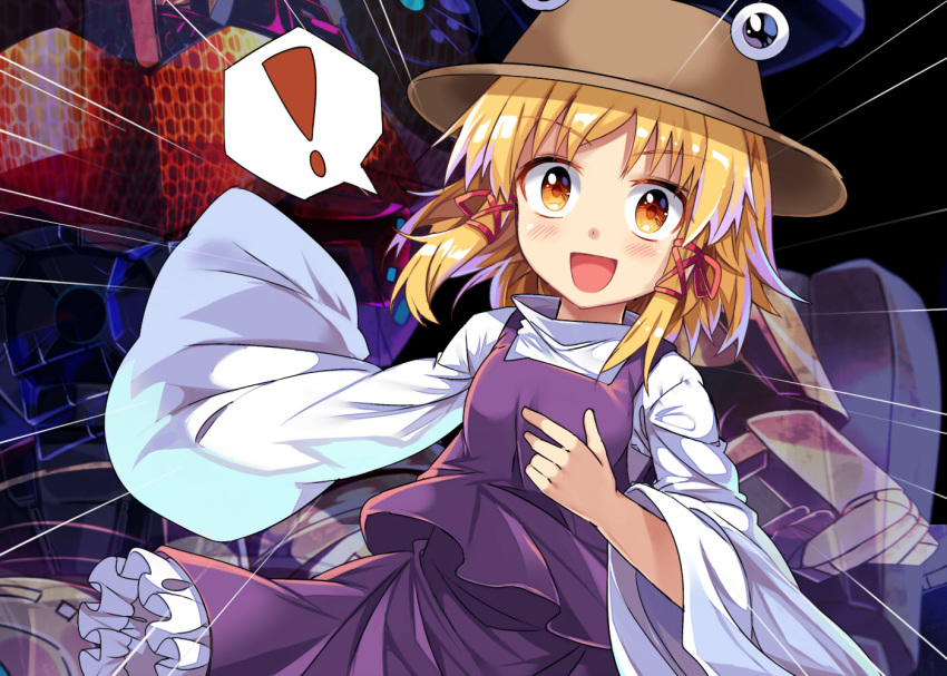 ! 1girl :d blonde_hair blush brown_hat commentary_request e.o. eyebrows_visible_through_hair hair_ribbon hat long_sleeves looking_at_viewer moriya_suwako open_mouth petticoat purple_skirt purple_vest red_ribbon ribbon short_hair sidelocks skirt sleeves_past_fingers sleeves_past_wrists smile solo spoken_exclamation_mark touhou upper_body vest wide_sleeves yellow_eyes
