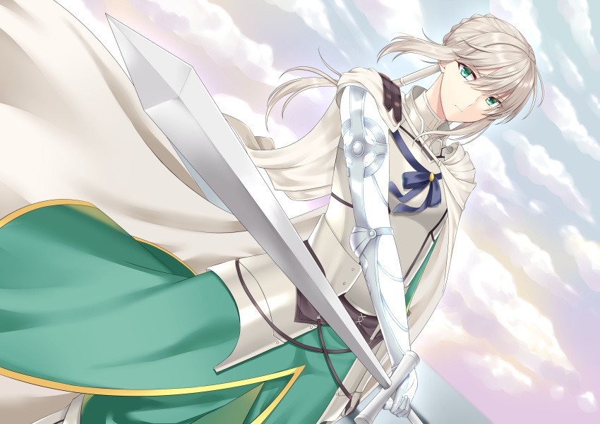 1boy absurdres armor bedivere blonde_hair braid cape clouds dutch_angle fate/grand_order fate_(series) green_eyes hair_tubes highres long_hair looking_at_viewer siika_620 silver_hair sky sword weapon wind