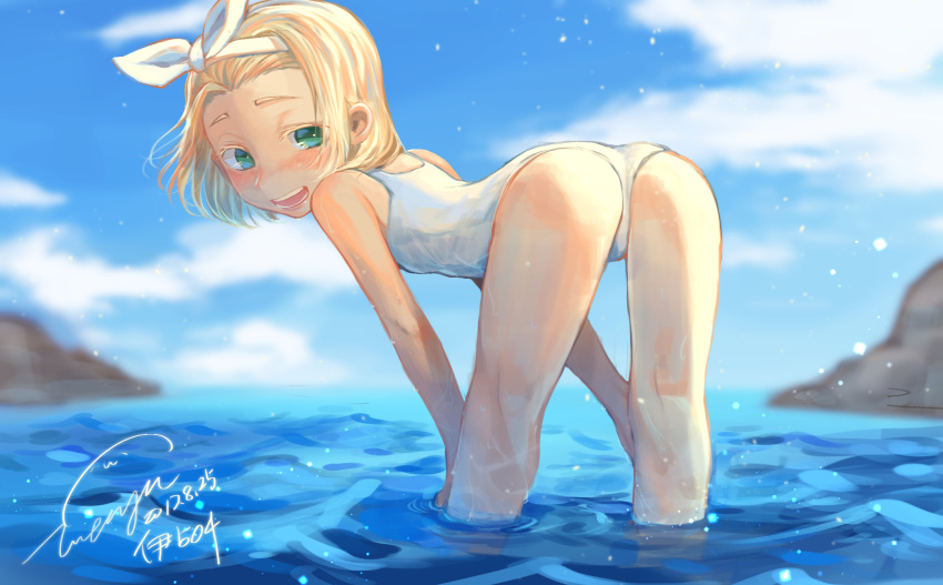 1girl all_fours amy7996659 ass bent_over blonde_hair character_name from_behind green_eyes hairband highres i-504_(kantai_collection) kantai_collection looking_back luigi_torelli_(kantai_collection) open_mouth partially_submerged school_swimsuit short_hair signature solo swimsuit water white_hairband white_school_swimsuit white_swimsuit
