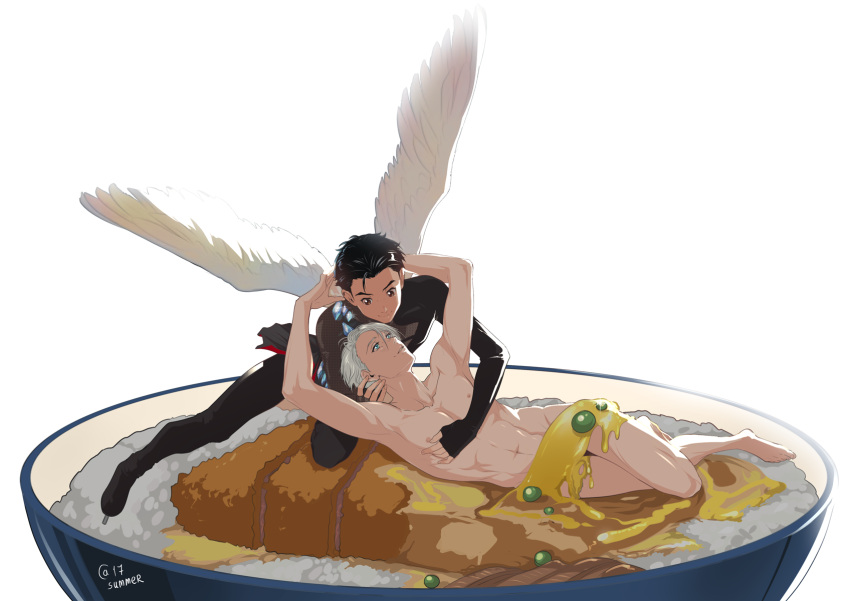 2boys black_hair blue_eyes bodysuit bowl brown_eyes clothed_male_nude_male convenient_censoring eye_contact fine_art_parody highres ice_skates katsudon_(food) katsuki_yuuri looking_at_another male_focus multiple_boys nipples nude parody psyche_revived_by_cupid's_kiss rice sasha_gladysh silver_hair skates smile toned toned_male viktor_nikiforov wings yaoi yuri!!!_on_ice