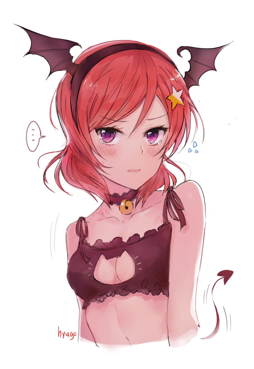 1girl black_hairband breasts cat_cutout cat_lingerie choker cleavage cleavage_cutout collarbone demon_tail eyebrows_visible_through_hair hair_between_eyes hair_ornament hairband highres hyugo love_live! love_live!_school_idol_project meme_attire nishikino_maki parted_lips redhead short_hair signature simple_background small_breasts solo star star_hair_ornament tail tears upper_body violet_eyes white_background