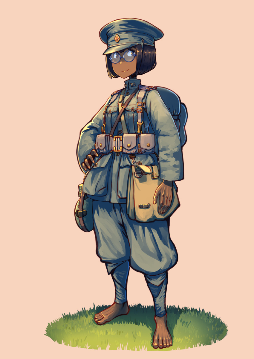 1girl backpack bag barefoot black_hair canteen dark_skin erica_(naze1940) glasses hand_on_hip hat highres looking_at_viewer military military_hat military_uniform round_glasses satchel solo standing tan_background uniform world_war_i