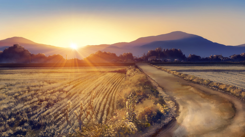 blue_sky building field gradient_sky grass horizon house light_rays mountain mountainous_horizon no_humans original path road rural scenery sky sun sunrise tree village yuu_knmy