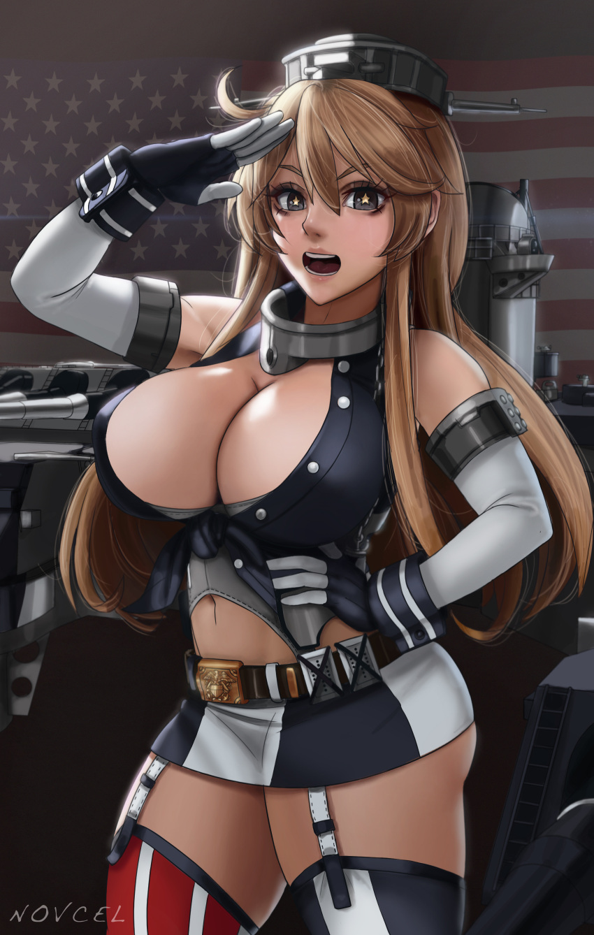 1girl absurdres american_flag american_flag_legwear arm_up artist_name black_gloves blonde_hair blue_eyes blush breasts cleavage garter_straps gloves hand_on_hip highres huge_breasts iowa_(kantai_collection) kantai_collection long_hair looking_at_viewer miniskirt navel novcel open_mouth salute smile solo star star-shaped_pupils symbol-shaped_pupils thick_thighs thigh-highs thighs