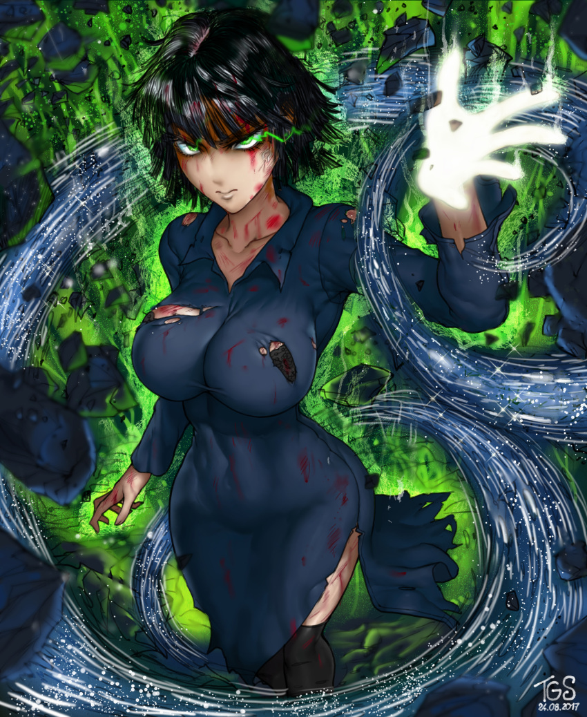 1girl absurdres angry arm_at_side black_bra black_hair black_legwear blood blood_on_face bloody_clothes blue_dress bra bra_peek breasts closed_mouth collarbone collared_dress covered_navel cowboy_shot dated dress energy fubuki_(one-punch_man) glowing glowing_eyes green_eyes hand_up highres impossible_clothes impossible_dress initial kneehighs long_sleeves looking_up motion_blur one-punch_man psychic rubble short_hair side_slit solo the_golden_smurf torn_clothes torn_dress underwear veins