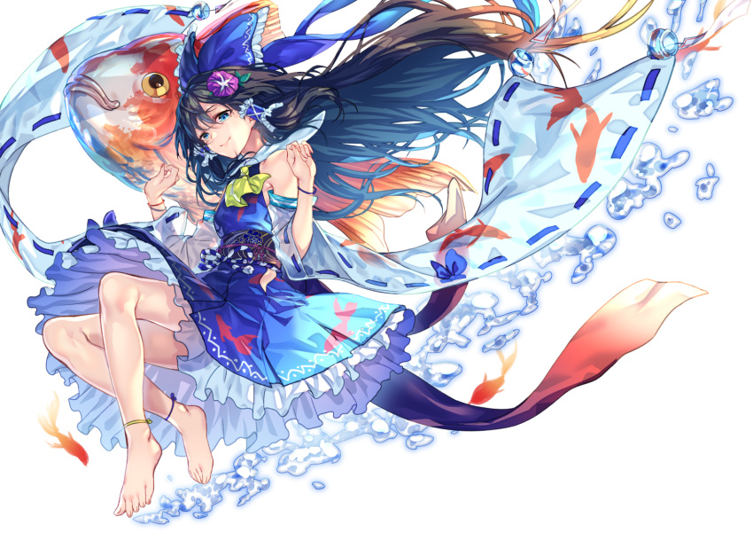 1girl air_bubble alternate_color anklet ascot barefoot black_hair blue_bow blue_skirt blush bow bubble detached_sleeves fish floating_hair floral_print full_body goldfish hair_bow hair_ornament hair_tubes hakurei_reimu highres jewelry long_hair looking_at_viewer ribbon-trimmed_sleeves ribbon_trim sash skirt skirt_set smile solo touhou uu_uu_zan vest white_background