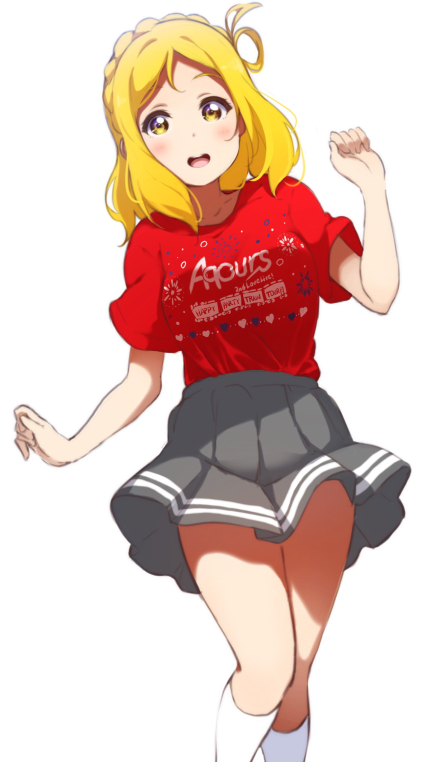 1girl absurdres blonde_hair blush braid clenched_hands crown_braid hair_rings highres icehotmilktea kneehighs love_live! love_live!_sunshine!! ohara_mari open_mouth pleated_skirt red_shirt shirt short_sleeves simple_background skirt smile solo t-shirt white_background white_legwear yellow_eyes