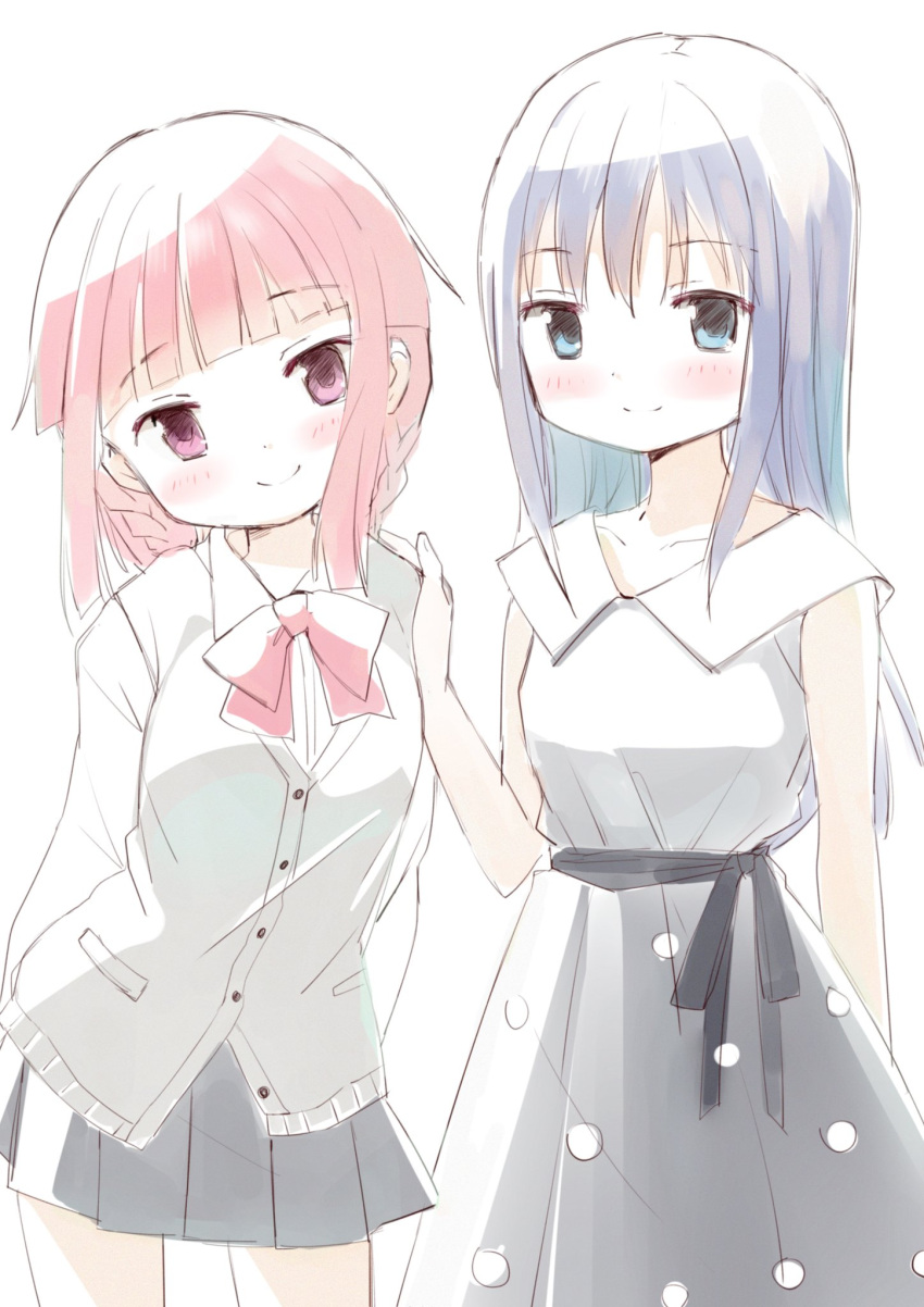 2girls blue_eyes blue_hair blush braid dress fringe highres long_hair magia_record:_mahou_shoujo_madoka_magica_gaiden mahou_shoujo_madoka_magica multiple_girls nanami_yachiyo pink_eyes pink_hair ribbon school_uniform smile tamaki_iroha tsubaki_(tatajd)