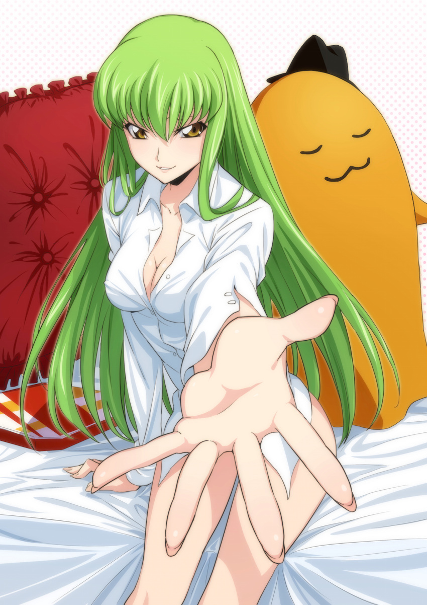 1girl arm_at_side arm_support bangs bare_legs beckoning bed_sheet breasts c.c. cheese-kun cleavage code_geass collared_shirt commentary_request dress_shirt fingernails frilled_pillow frills green_hair hair_between_eyes highres lips long_fingernails long_hair long_sleeves looking_at_viewer medium_breasts naked_shirt no_pants on_bed outstretched_arm palms parted_lips pillow polka_dot polka_dot_background puma_(hyuma1219) revision shirt sitting smile solo stuffed_toy white_shirt yellow_eyes