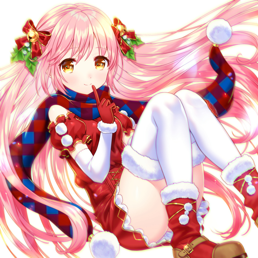 1girl absurdres arm_warmers bangs bell belt belt_buckle boots bow breasts buckle christmas commentary_request cross-laced_clothes dress eyebrows_visible_through_hair finger_to_mouth fuji_minako fur-trimmed_boots fur-trimmed_gloves fur-trimmed_legwear fur_trim glint gloves hair_bell hair_bow hair_ornament hand_on_leg highres holly_hair_ornament index_finger_raised jingle_bell lace lace-trimmed_dress long_hair looking_at_viewer medium_breasts original pink_hair plaid plaid_scarf pom_pom_(clothes) puffy_short_sleeves puffy_sleeves red_boots red_bow red_dress red_gloves scarf short_sleeves smile solo tareme thigh-highs unmoving_pattern very_long_hair white_legwear yellow_eyes