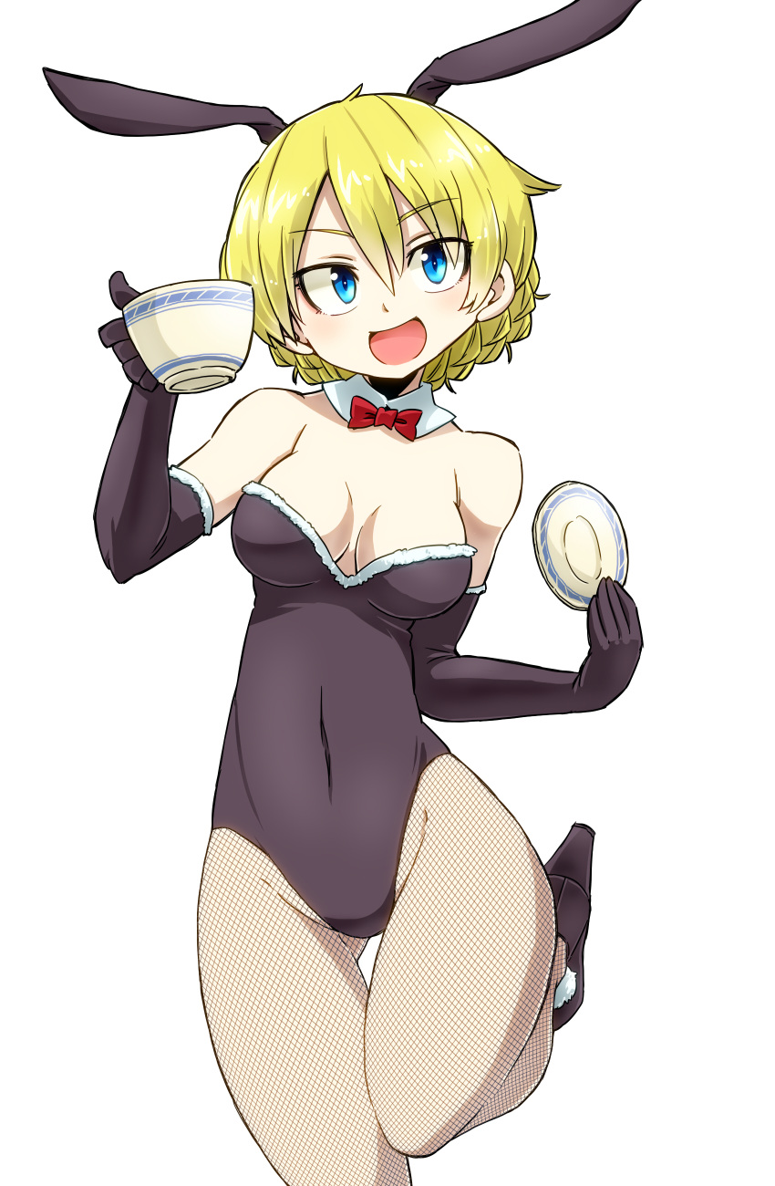 1girl absurdres alternate_costume animal_ears aono3 bangs black_gloves black_leotard black_shoes blonde_hair blue_eyes bow bowtie braid breasts bunnysuit cowboy_shot cup darjeeling detached_collar elbow_gloves fake_animal_ears fishnet_pantyhose fishnets girls_und_panzer gloves highres holding leg_up leotard looking_at_viewer medium_breasts open_mouth pantyhose rabbit_ears red_bow red_bowtie saucer shoes short_hair simple_background smile solo standing standing_on_one_leg strapless strapless_leotard teacup thigh_gap tied_hair twin_braids white_background