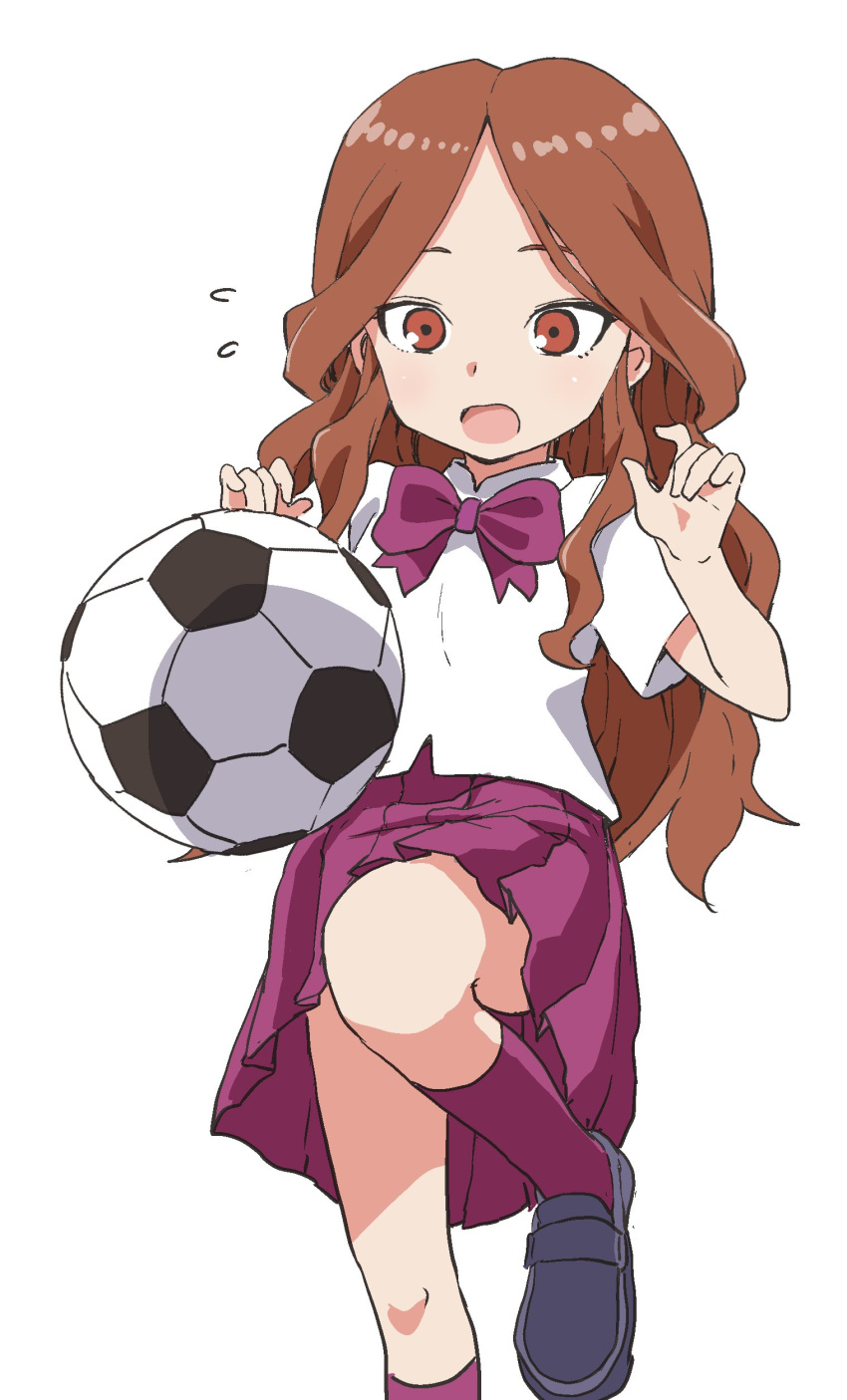 1girl absurdres ball bangs black_shoes bow bowtie brown_eyes brown_hair flying_sweatdrops highres inazuma_eleven inazuma_eleven_(series) kneehighs loafers long_hair open_mouth parted_bangs pleated_skirt purple_bow purple_bowtie purple_legwear purple_skirt raimon_natsumi shoes short_sleeves sidelocks simple_background skirt soccer_ball solo tsurime white_background yamamoto_souichirou