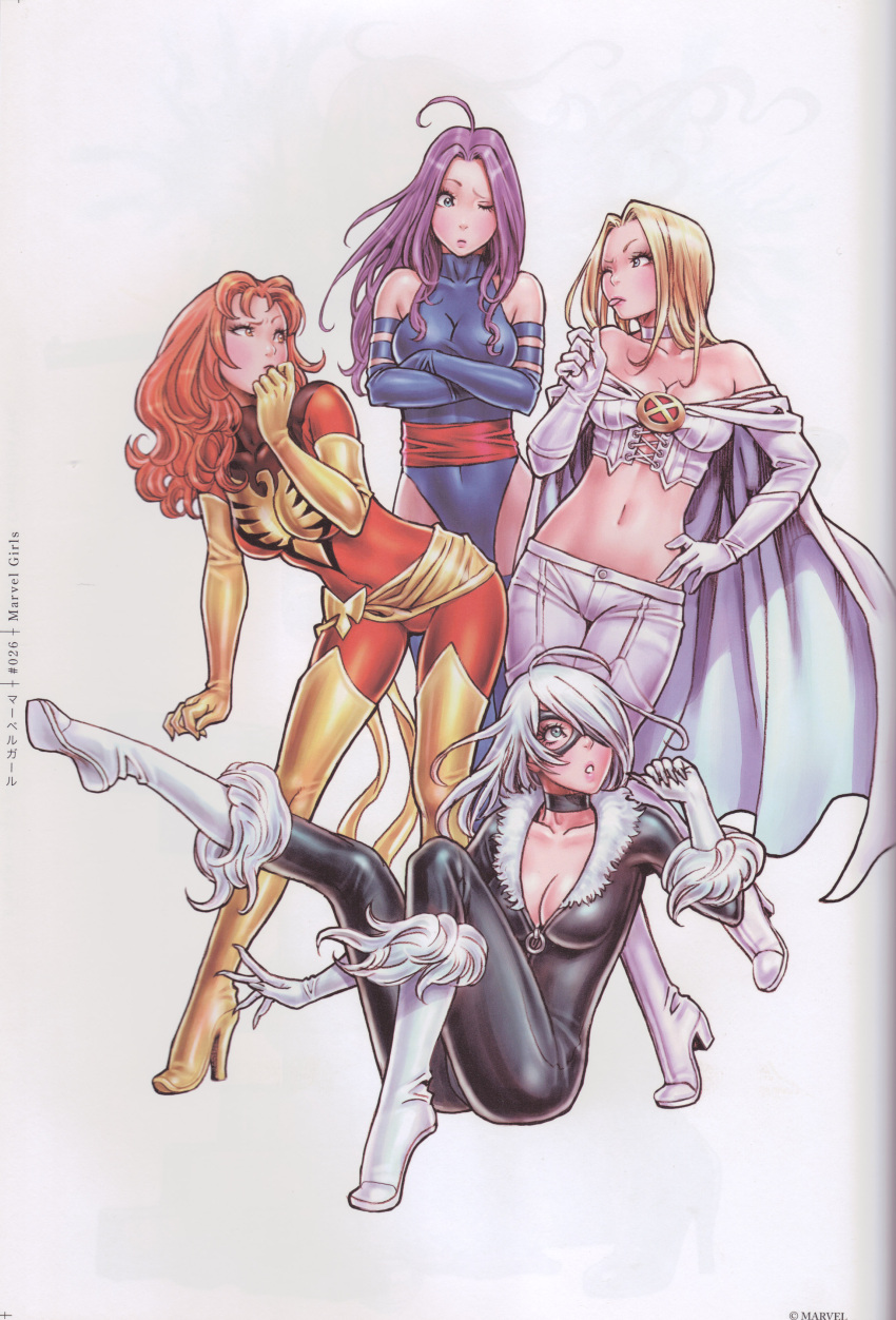 4girls :o ;p absurdres ahoge bare_shoulders bent_over bird black_cat_(marvel) blonde_hair blue_eyes blue_gloves blue_legwear blue_leotard blush bodysuit boots breasts cape choker claws cleavage corset covered_navel covering_mouth crop_top cross-laced_clothes crossed_arms crossover dark_phoenix elbow_gloves elizabeth_braddock emma_frost eye_contact felicia_hardy fur_trim gloves hair_over_one_eye hand_on_hip hand_over_own_mouth high_heels highres jean_grey knee_boots kotobukiya_bishoujo large_breasts leg_lift leg_up leotard long_hair looking_at_another marvel mask midriff multiple_girls navel ninja off_shoulder one_eye_closed open_mouth orange_eyes orange_hair pants parted_lips phoenix psylocke purple_hair sarong sash simple_background sitting skin_tight spider-man_(series) standing standing_on_one_leg superhero thigh-highs thigh_boots tongue tongue_out turtleneck white_gloves white_hair white_legwear x-men yamashita_shun'ya yellow_gloves yellow_legwear zipper