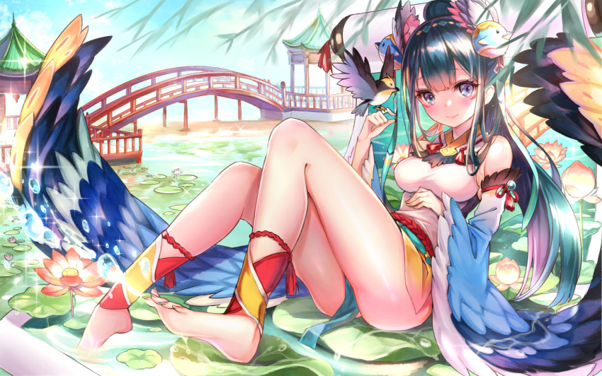 1girl bad_id bad_pixiv_id bangs barefoot bird black_hair blue_eyes blush breasts bridge closed_mouth detached_sleeves eyebrows_visible_through_hair facial_mark flower high_ponytail long_hair looking_at_viewer lotus medium_breasts official_art outdoors pierorabu pond ponytail sitting smile soles solo thighs tsurime wide_sleeves wings