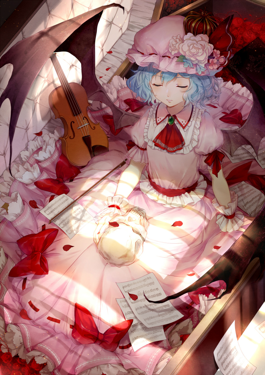 1girl bat_wings blue_hair book brooch closed_eyes closed_mouth coffin cravat crown ekita_xuan flower from_above full_body hat hat_flower hat_ribbon highres instrument jewelry mini_crown mob_cap petals pink_skirt red_ribbon red_rose remilia_scarlet ribbon rose rose_petals sheet_music sitting skirt skirt_set skull solo sunlight touhou violin white_ribbon white_rose wings wrist_cuffs