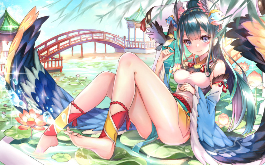1girl bangs barefoot bird black_hair blue_eyes blush breasts bridge closed_mouth detached_sleeves eyebrows_visible_through_hair facial_mark feet flower high_ponytail highres long_hair looking_at_viewer lotus medium_breasts official_art outdoors pierorabu pond ponytail revision sitting smile soles solo thighs tsurime wide_sleeves wings