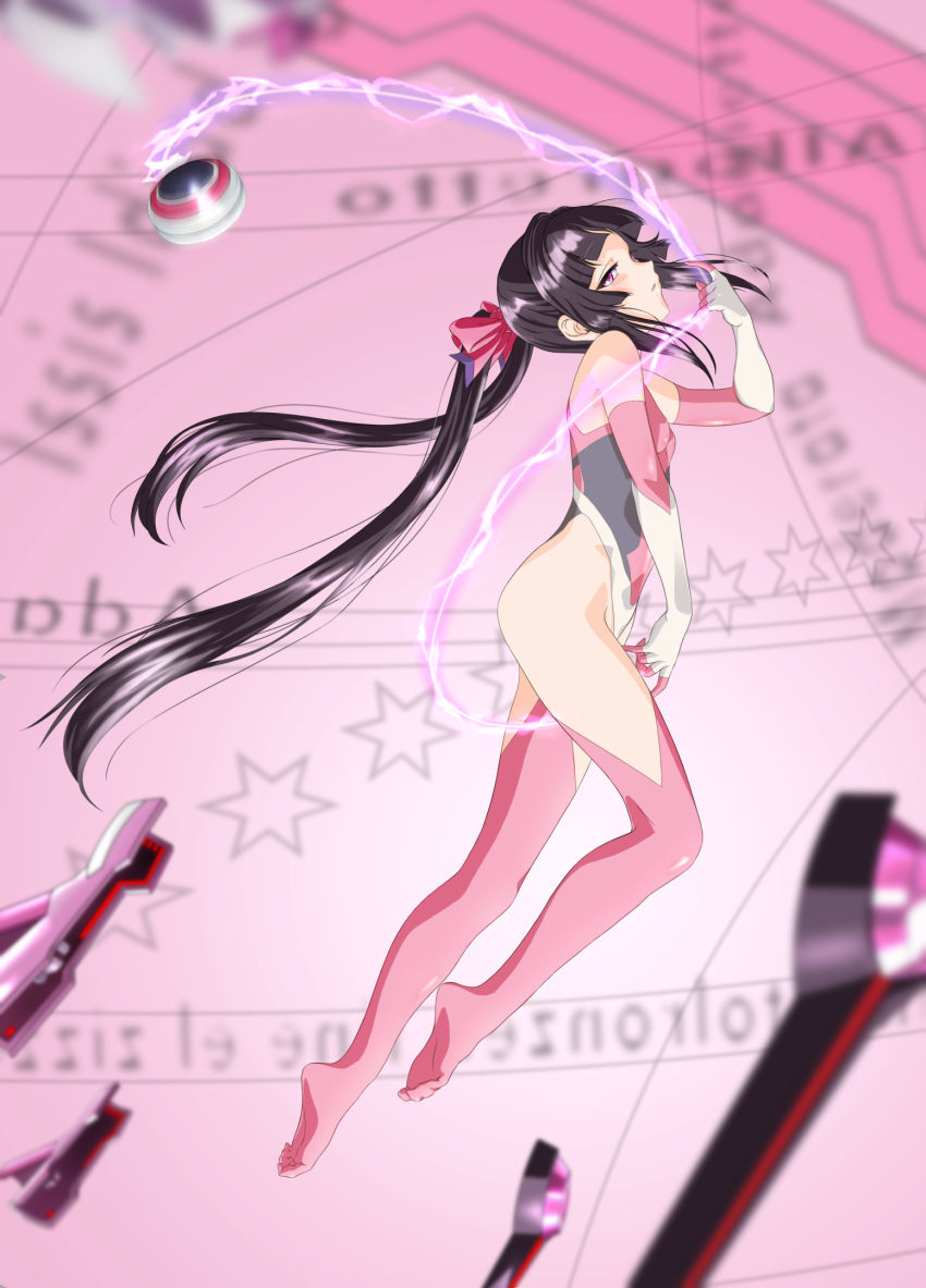 1girl black_hair blurry blush bow breasts commentary_request depth_of_field elbow_gloves erufa_(pixiv) full_body gloves hair_bow highleg highleg_leotard highres leotard long_hair looking_at_viewer parted_lips pink_eyes pink_legwear pink_leotard profile senki_zesshou_symphogear shiny shiny_clothes shiny_hair small_breasts thigh-highs tsukuyomi_shirabe twintails very_long_hair yo-yo