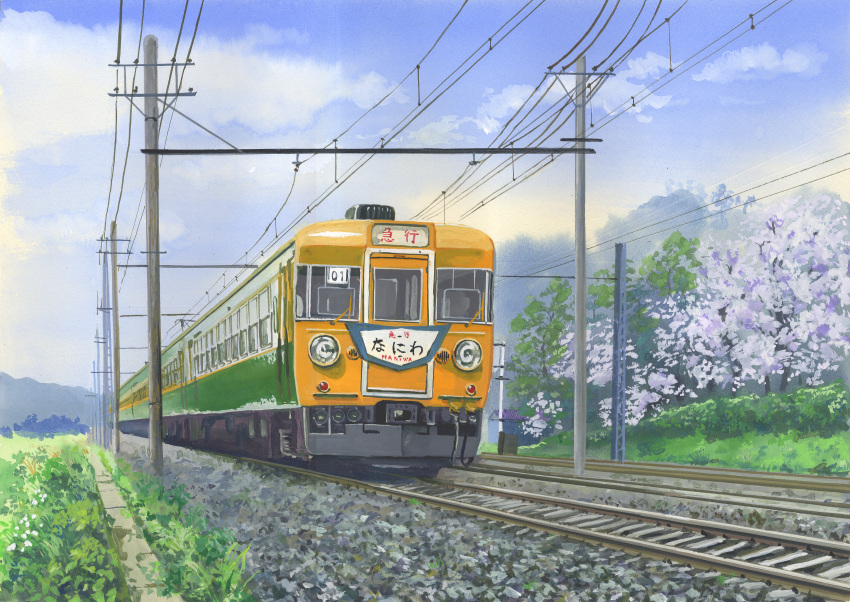 absurdres blue_sky cable cherry_blossoms clouds commentary_request day grass ground_vehicle highres hirota_(masasiv3) no_humans outdoors railroad_tracks scenery sky telephone_pole traditional_media train tree watercolor_(medium)
