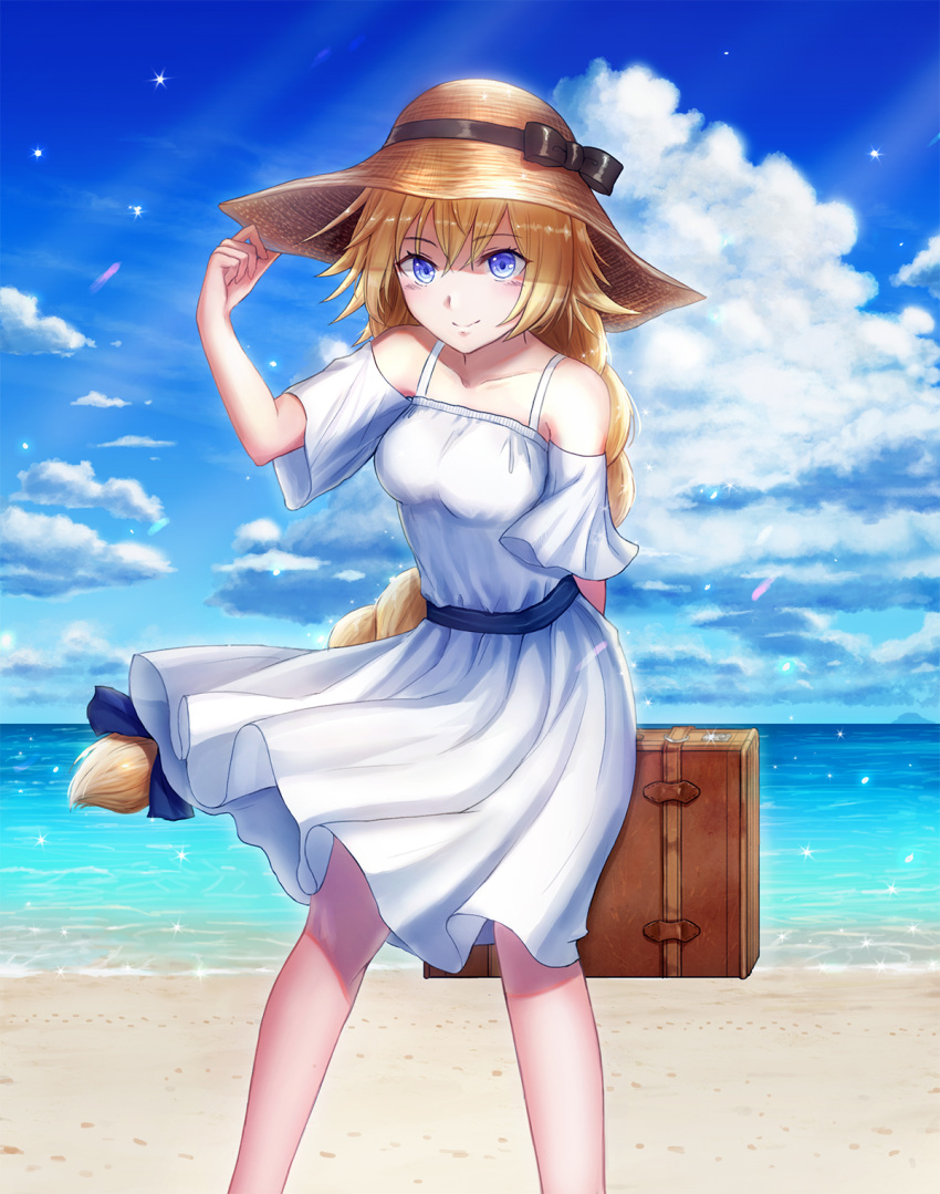 1girl blonde_hair blue_eyes blush braid closed_mouth dress eyebrows_visible_through_hair fate/grand_order fate_(series) highres long_hair looking_at_viewer ruler_(fate/apocrypha) smile solo white_dress