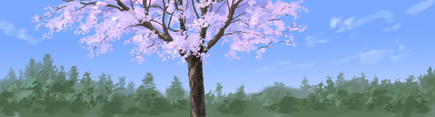 absurdres blue_sky cherry_blossoms clouds commentary_request day forest highres hirota_(masasiv3) long_image nature no_humans outdoors panorama scenery sky tree wide_image