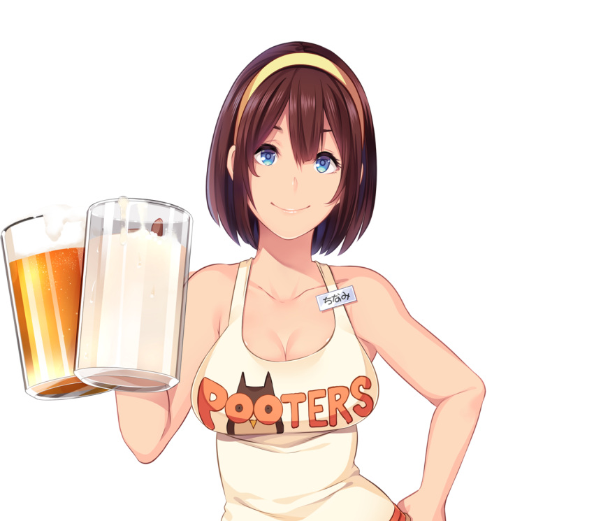 1girl bare_arms bare_shoulders beer_mug blue_eyes breasts brown_hair butcha-u cleavage closed_mouth collarbone cup drinking_glass eyelashes game_cg hair_between_eyes hairband hand_on_hip hand_up holding holding_drinking_glass holding_glass hooters kenzen!_hentai_seikatsu_no_susume large_breasts lips looking_at_viewer maezono_chinami name_tag orange_shorts pink_lips short_hair short_shorts shorts sleeveless smile solo standing tank_top teeth transparent_background upper_body white_legwear yellow_hairband