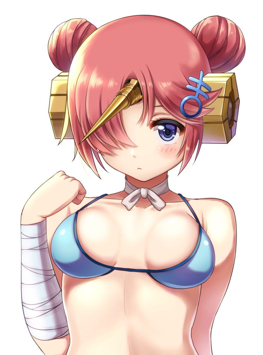 1girl bandage bandaged_arm bangs berserker_of_black bikini blue_bikini blue_eyes blush breasts closed_mouth collarbone double_bun fate/grand_order fate_(series) frankenstein's_monster_(swimsuit_saber)_(fate) hair_ornament hair_over_one_eye hand_up highres horn looking_at_viewer medium_breasts pink_hair rariemonn short_hair simple_background solo swimsuit upper_body white_background
