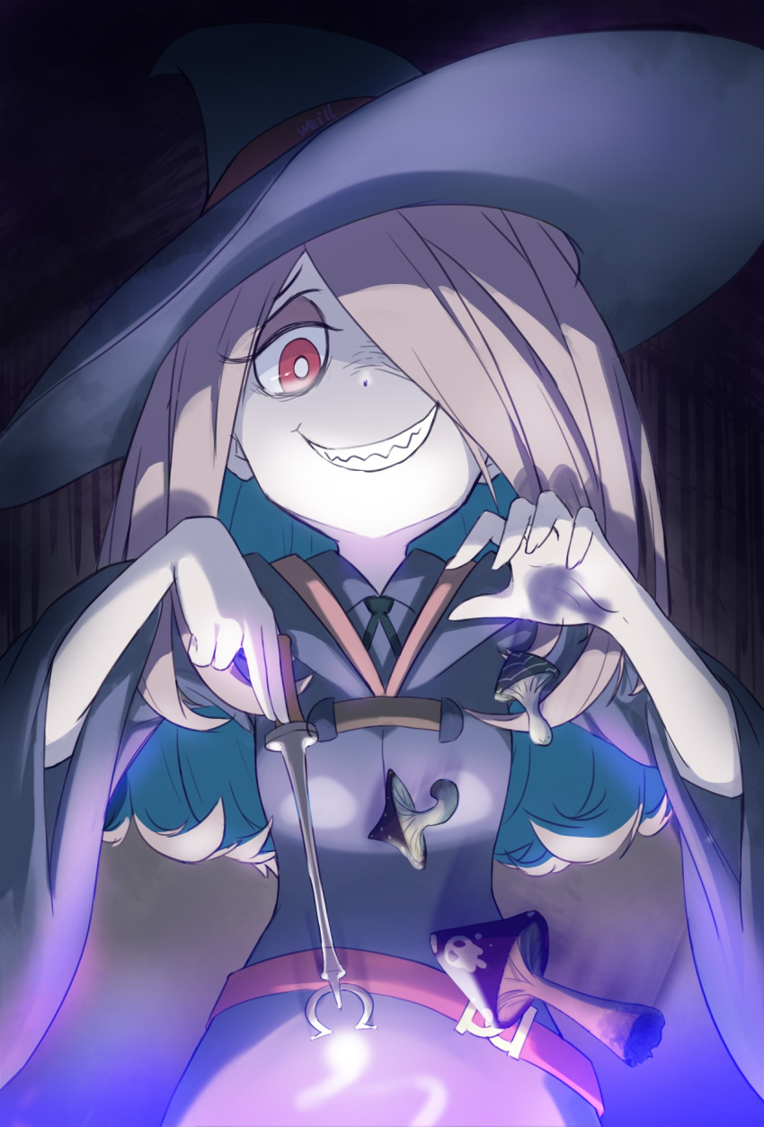 1girl dark dress hair_over_one_eye hat highres little_witch_academia long_hair looking_at_viewer miyabi_(w42949) mushroom open_mouth pale_skin pink_hair purple_hair red_eyes simple_background smile solo sucy_manbavaran witch witch_hat