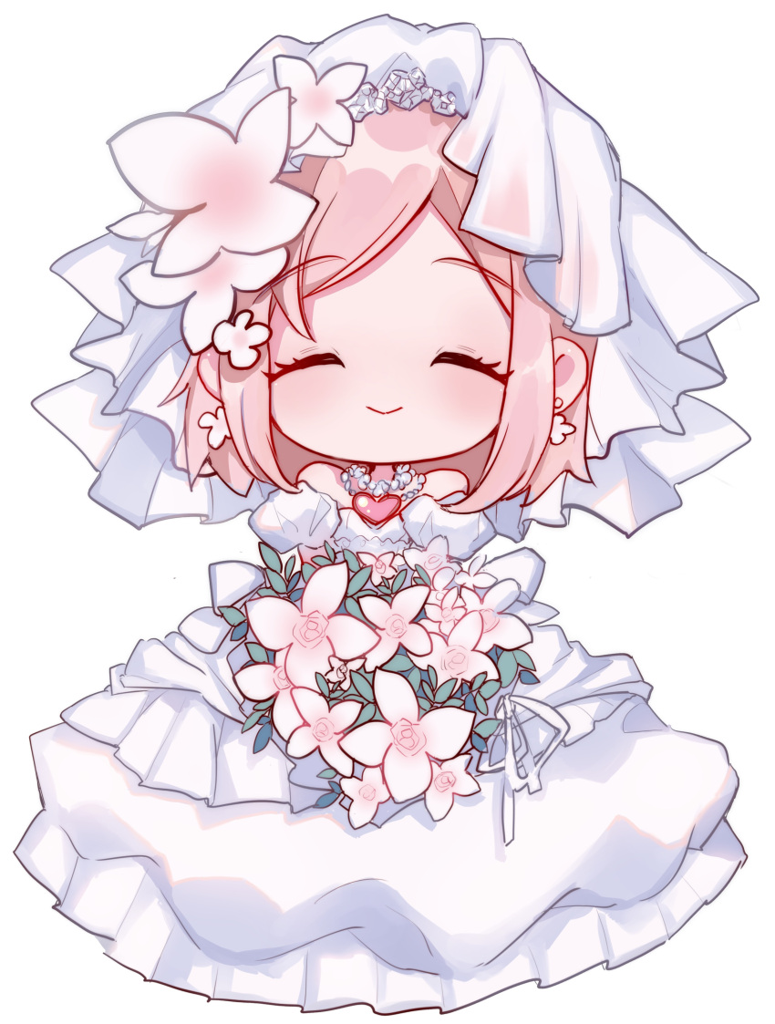 1girl absurdres akari_(qq941315189) bouquet bride chibi closed_eyes closed_mouth dress earrings estellise_sidos_heurassein facing_viewer flower highres holding holding_bouquet jewelry necklace pink_hair short_hair smile solo tales_of_(series) tales_of_vesperia veil wedding_dress white_background white_dress