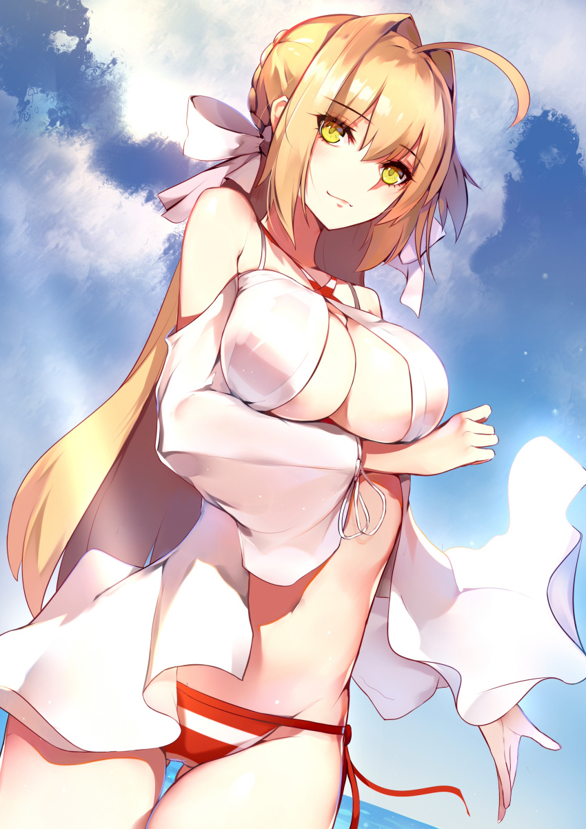 1girl absurdres ahoge ban_bu_bu_duou bikini blonde_hair blue_sky blush braid breasts cleavage closed_mouth day dress dutch_angle fate/grand_order fate_(series) french_braid gluteal_fold gown hair_down hair_intakes hair_ribbon hand_up highres horizon large_breasts long_hair looking_at_viewer navel nero_claudius_(swimsuit_caster)_(fate) ocean outdoors ribbon sidelocks sky smile solo striped striped_bikini swimsuit thigh_gap thighs white_ribbon yellow_eyes