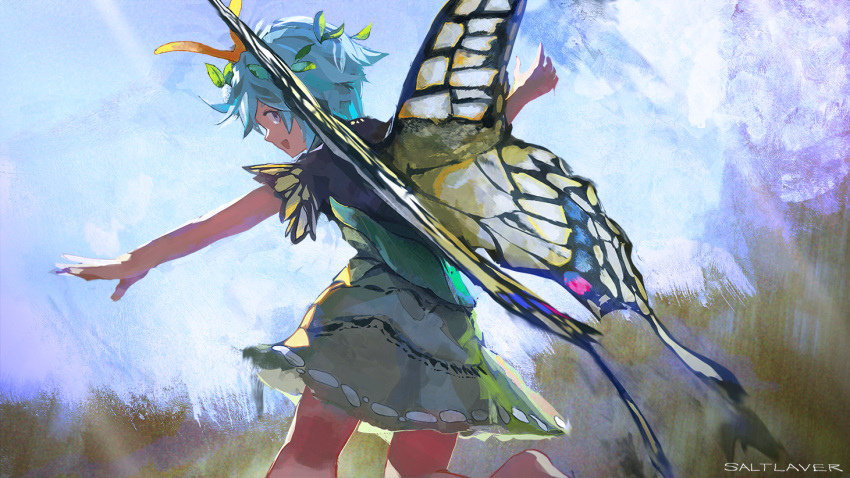 1girl artist_name bare_arms barefoot blue_eyes blue_hair butterfly_wings dress eternity_larva from_behind green_dress looking_at_viewer outdoors outstretched_arms saltlaver short_dress smile solo touhou wings