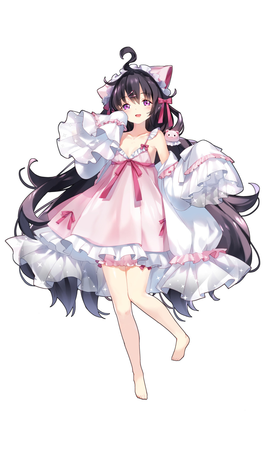 1girl :d absurdres ahoge barefoot black_hair bow breasts chemise copyright_request detached_sleeves eyebrows_visible_through_hair flipped_hair full_body hair_bow hair_ornament hair_ribbon hairclip hand_to_own_mouth highres long_hair nightgown open_mouth ribbon sheska_xue simple_background sleeves_past_wrists small_breasts smile solo standing standing_on_one_leg very_long_hair violet_eyes white_background wide_sleeves