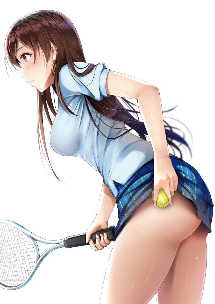 1girl absurdres ass ball blurry blush breasts brown_eyes brown_hair cowboy_shot depth_of_field fay from_side highres holding idolmaster idolmaster_cinderella_girls leaning_forward long_hair looking_away medium_breasts miniskirt nitta_minami parted_lips plaid plaid_skirt pleated_skirt profile racket short_sleeves simple_background skirt solo sportswear sweat tennis_ball tennis_racket tennis_uniform thighs white_background