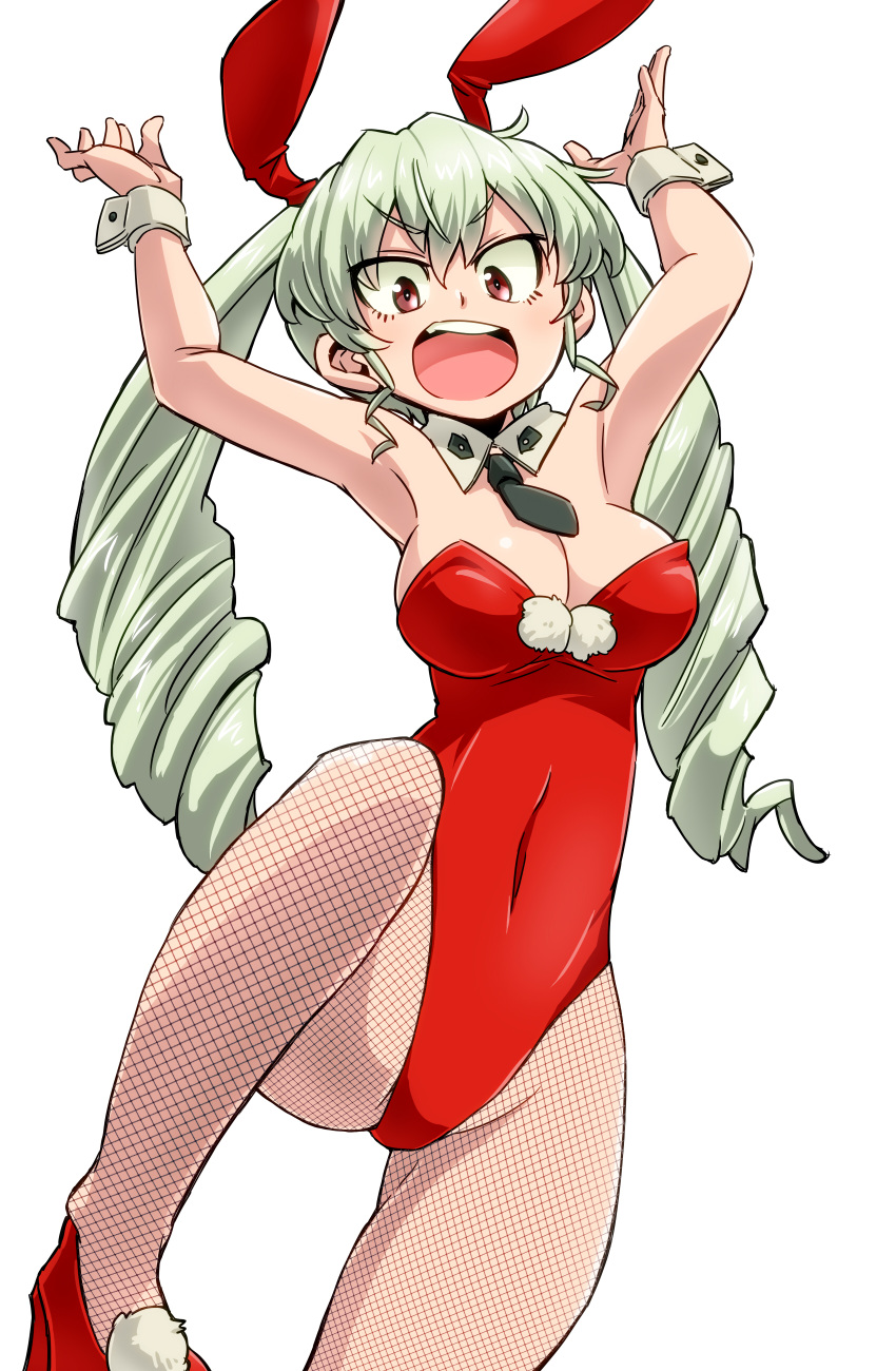 1girl absurdres alternate_costume anchovy animal_ears aono3 arms_up ascot bad_anatomy bangs breasts bunnysuit cleavage cowboy_shot detached_collar drill_hair fake_animal_ears fishnet_pantyhose fishnets girls_und_panzer green_hair highres leg_up leotard long_hair looking_at_viewer medium_breasts open_mouth pantyhose rabbit_ears red_eyes red_leotard red_shoes shoes simple_background smile solo standing standing_on_one_leg strapless strapless_leotard twin_drills twintails white_background wrist_cuffs