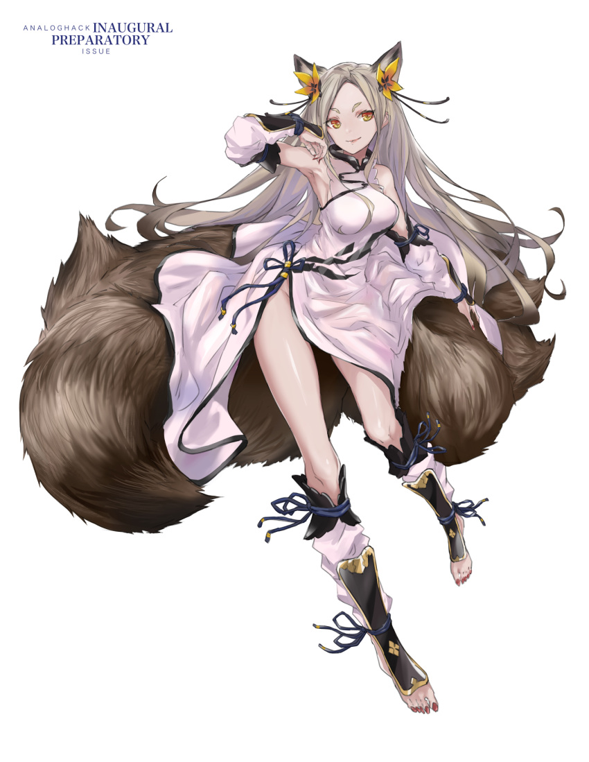 1girl animal_ears armpits barefoot beatless breasts cancell detached_sleeves fox_ears fox_tail grey_hair highres long_hair multiple_tails nail_polish orange_eyes red_eyes simple_background smile solo tail white_background