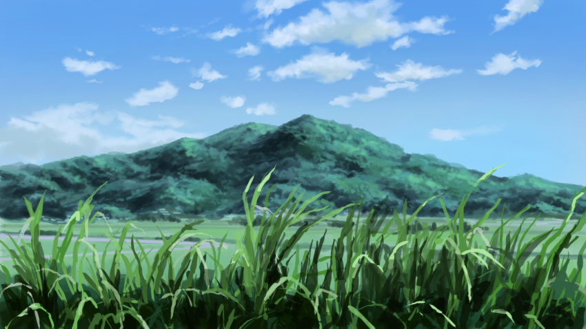 blue_sky clouds cloudy_sky commentary_request day grass highres hirota_(masasiv3) landscape mountain no_humans outdoors river scenery sky valley wallpaper