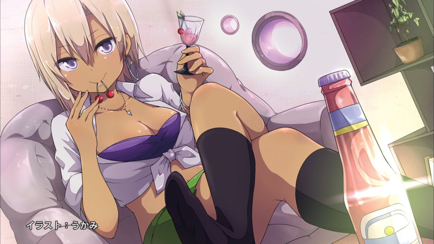 1girl armchair artist_name black_legwear bottle breasts chair cherry cleavage cocktail_glass collarbone cup dark_skin drinking_glass earrings end_card feet food fruit gyaru hajimete_no_gal highres honjou_ranko hoop_earrings jewelry kneehighs kogal legs_crossed lightning_bolt_necklace mouth_hold no_shoes official_art plant potted_plant shirt short_hair sitting socks solo strapless tied_shirt tubetop ukami white_shirt