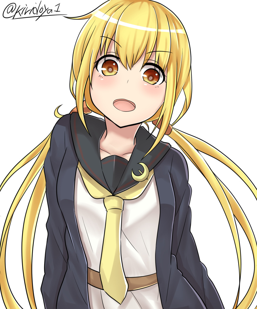 &gt;:d 1girl :d absurdres bangs black_jacket black_sailor_collar blush collarbone crescent crescent_moon_pin eyebrows_visible_through_hair hair_tie highres jacket kantai_collection kiritto long_hair long_sleeves looking_at_viewer low_twintails neckerchief open_clothes open_jacket open_mouth satsuki_(kantai_collection) school_uniform serafuku shiny shiny_hair shirt smile solo tareme twintails twitter_username very_long_hair white_shirt yellow_neckerchief