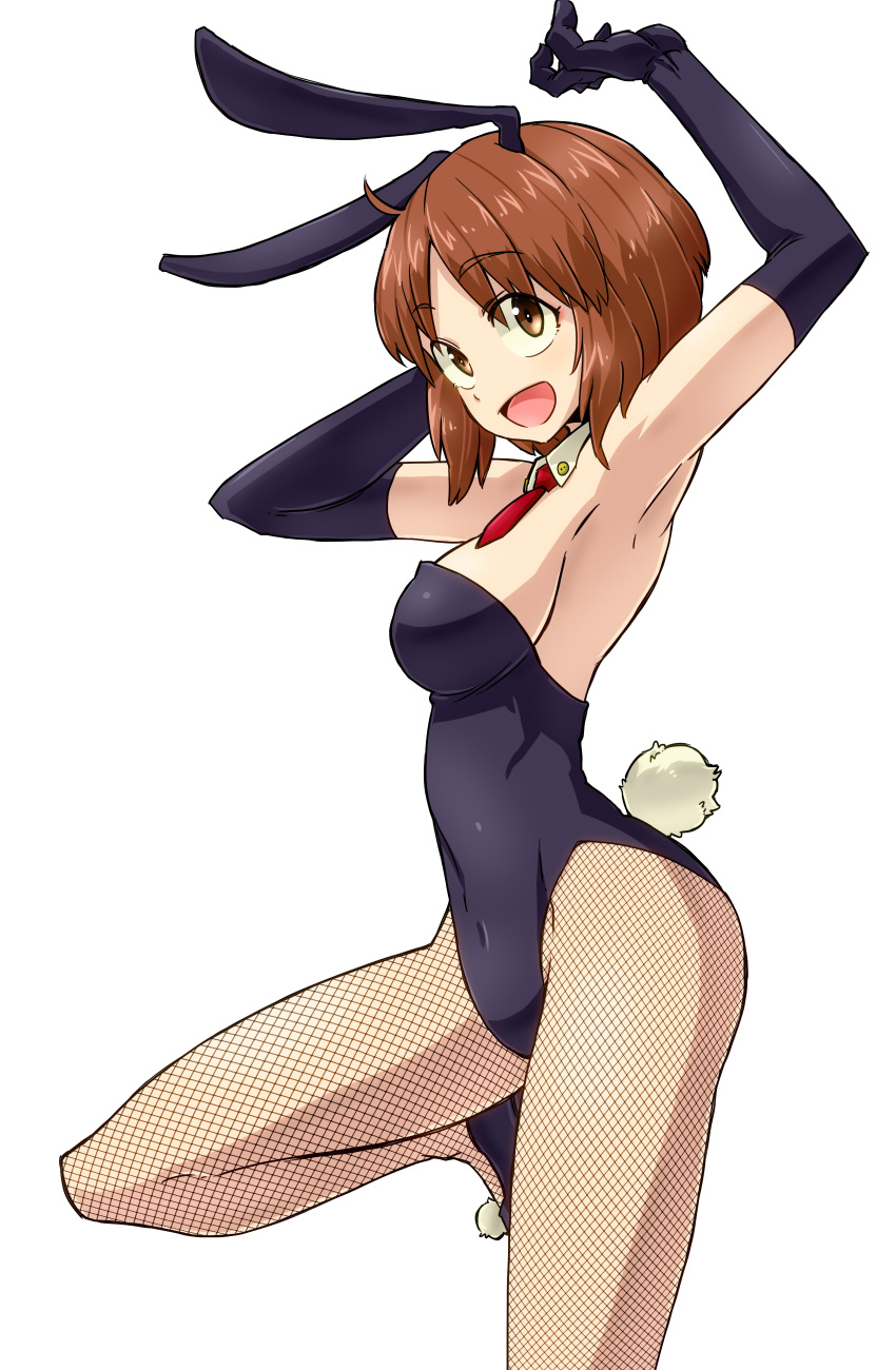 1girl absurdres alternate_costume animal_ears aono3 arms_up ascot bangs black_gloves black_leotard black_shoes breasts brown_eyes brown_hair bunny_tail bunnysuit cowboy_shot detached_collar elbow_gloves fake_animal_ears fake_tail fishnet_pantyhose fishnets from_side girls_und_panzer gloves highres leg_up leotard looking_at_viewer medium_breasts nishizumi_miho open_mouth pantyhose rabbit_ears shoes short_hair sideboob simple_background smile solo standing standing_on_one_leg strapless strapless_leotard tail white_background
