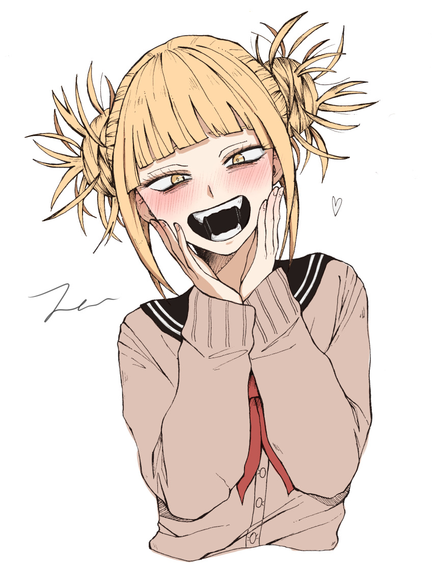 1girl :d blush boku_no_hero_academia cardigan crazy_smile cropped_torso double_bun fangs hair_bun hands_on_own_face heart highres long_sleeves looking_at_viewer open_mouth school_uniform serafuku signature simple_background smile solo teeth toga_himiko white_background yandere_trance yellow_eyes