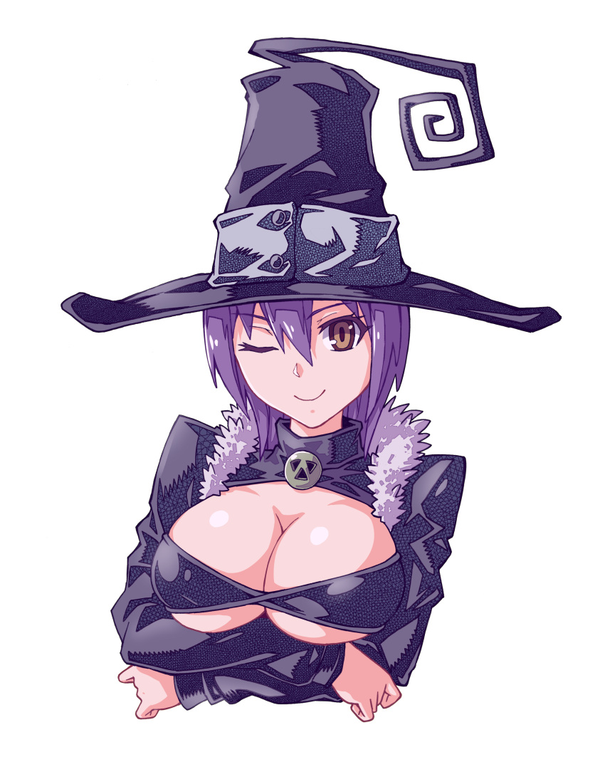 1girl a4typhoon absurdres blair breasts brown_eyes cleavage hat highres large_breasts looking_at_viewer one_eye_closed purple_hair short_hair simple_background smile solo soul_eater upper_body witch_hat
