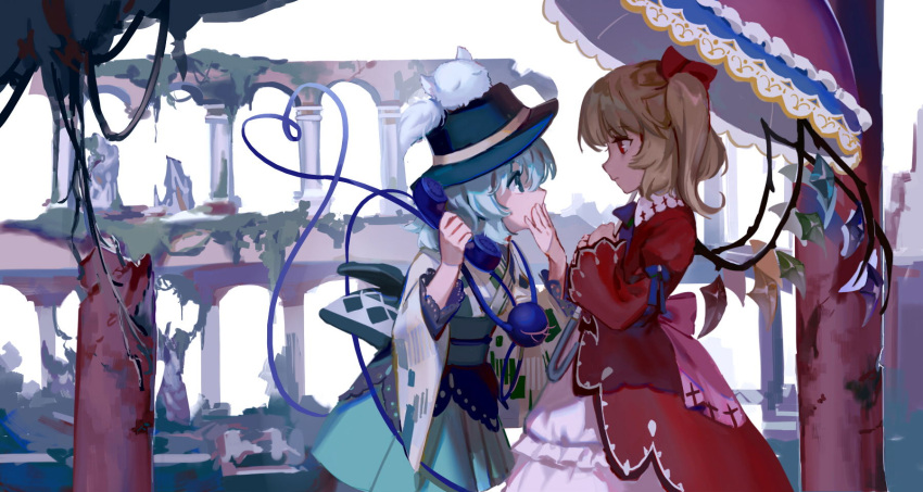 2girls alternate_costume arm_up bangs blonde_hair blood blood_stain blue_hair blue_ribbon bow broken closed_mouth corded_phone covered_mouth covering_mouth creature creature_on_head crystal eye_contact eyeball eyelashes flandre_scarlet flat_chest from_side green_hat green_skirt hair_bow hand_over_own_mouth hands_up hat hat_ribbon heart heart_of_string highres holding holding_phone holding_umbrella japanese_clothes karaori komeiji_koishi light_brown_hair long_sleeves looking_at_another multiple_girls obi one_side_up over_shoulder overgrown parasol phone pillar pink_bow plant profile red_bow red_eyes ribbon ruins sash short_hair skirt statue third_eye touhou umbrella upper_body vines wide_sleeves wings