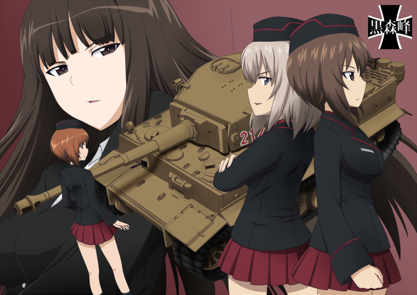 4girls back-to-back black_hat black_jacket blue_eyes brown_background brown_eyes brown_hair crossed_arms floating_hair girls_und_panzer ground_vehicle hat itsumi_erika jacket long_hair military military_hat military_vehicle miniskirt motor_vehicle multiple_girls nekota_susumu nishizumi_maho nishizumi_miho nishizumi_shiho parted_lips pleated_skirt red_skirt shirt short_hair silver_hair skirt tank uniform white_shirt