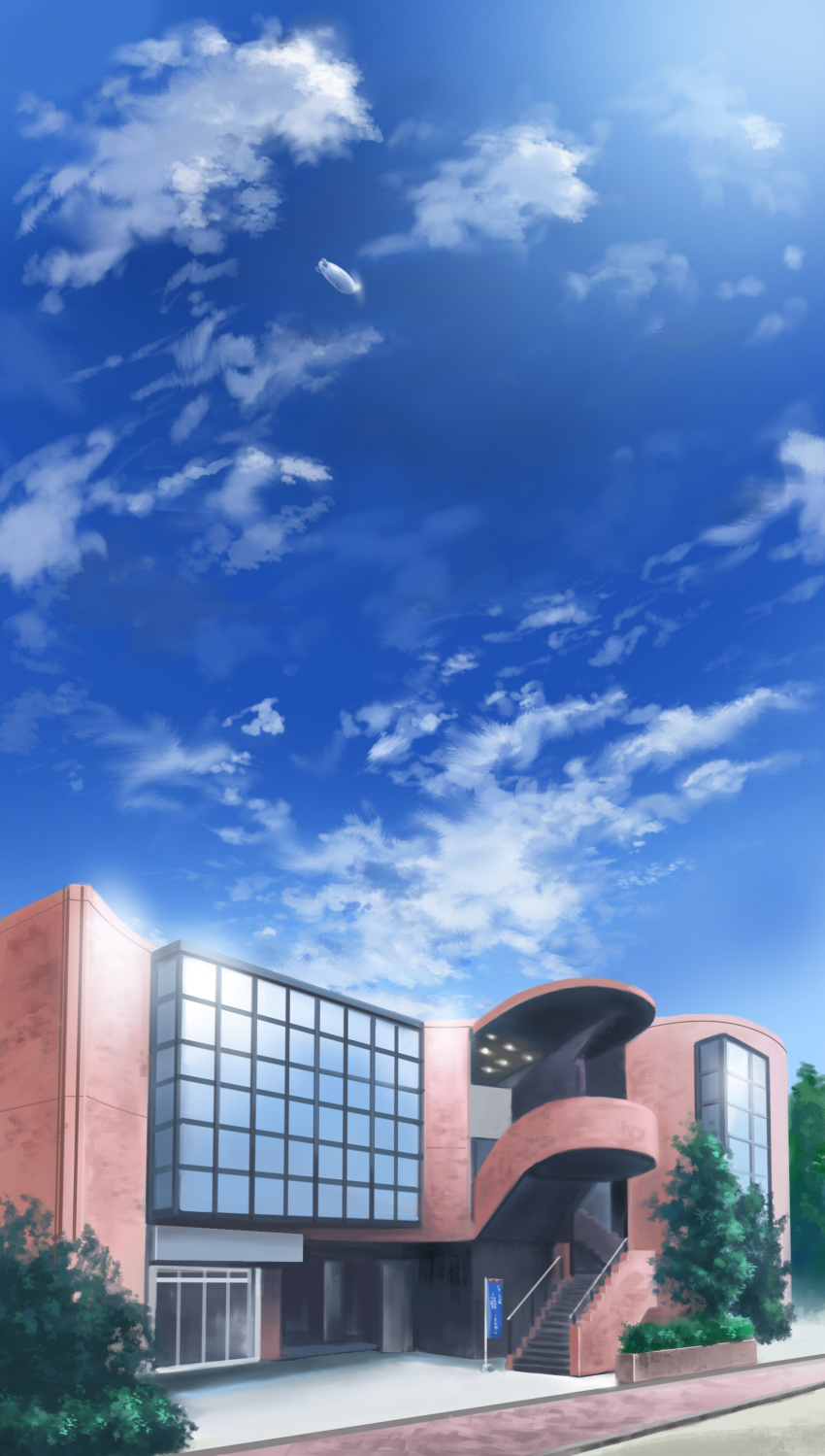 absurdres aircraft blue_sky building calligraphy_brush_(medium) clouds cloudy_sky commentary_request day dirigible door grass highres hirota_(masasiv3) no_humans outdoors scenery sign sky stairs tree window zeppelin