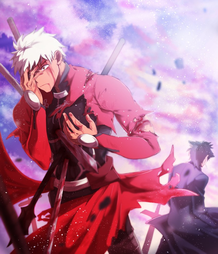 2boys archer black_cape black_hair blood blood_on_face cape emiya_kiritsugu fate_(series) hand_over_face highres multiple_boys outdoors silver_hair sorad_0410 spiky_hair stabbed standing sword weapon